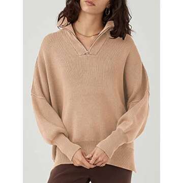 LOGENE Women's Half Zipper Sweatshirt Long Sleeve Oversized Slit Side Knit Pullover Sweaters-5L66-shenxing-XL Deep Apricot, X-Large
