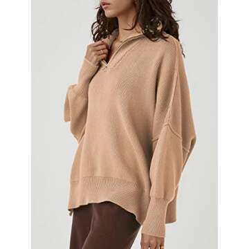 LOGENE Women's Half Zipper Sweatshirt Long Sleeve Oversized Slit Side Knit Pullover Sweaters-5L66-shenxing-XL Deep Apricot, X-Large