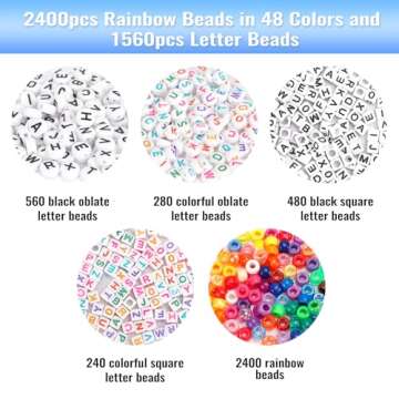 Quefe 3960pcs Pony Beads for Friendship Bracelet Making Kit 48 Colors Kandi Beads Set, 2400pcs Plastic Rainbow Bulk and 1560pcs Letter Beads with 20 Meter Elastic Threads for Craft Jewelry Necklace
