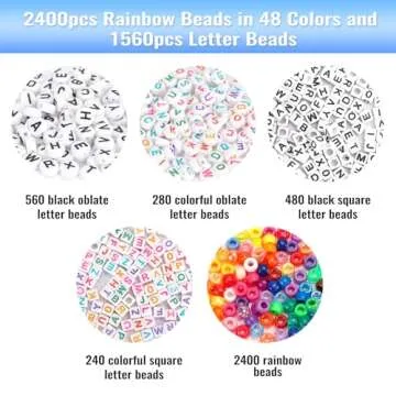 Quefe 3960pcs Pony Beads for Friendship Bracelet Making Kit 48 Colors Kandi Beads Set, 2400pcs Plastic Rainbow Bulk and 1560pcs Letter Beads with 20 Meter Elastic Threads for Craft Jewelry Necklace