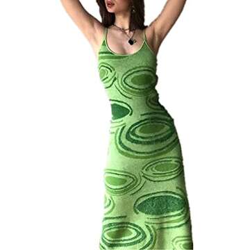 Womens Y2k Maxi Bodycon Dress Tie Dye E-Girl Knitted Hollow Out Spaghetti Strap Sleeveless Streetwear Beach Dress (Green, s)