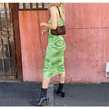 Womens Y2k Maxi Bodycon Dress Tie Dye E-Girl Knitted Hollow Out Spaghetti Strap Sleeveless Streetwear Beach Dress (Green, s)