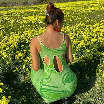 Womens Y2k Maxi Bodycon Dress Tie Dye E-Girl Knitted Hollow Out Spaghetti Strap Sleeveless Streetwear Beach Dress (Green, s)