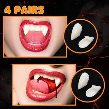 Zhanmai 4 Pairs Vampire Fangs Fake with Adhesive Halloween Cosplay Props White Horror False Teeth Party Favors Accessories(13 mm, 15 mm, 17 mm, 19 mm)