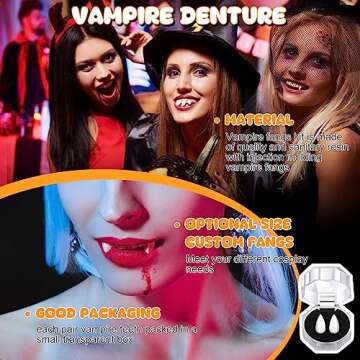 Zhanmai 4 Pairs Vampire Fangs Fake with Adhesive Halloween Cosplay Props White Horror False Teeth Party Favors Accessories(13 mm, 15 mm, 17 mm, 19 mm)