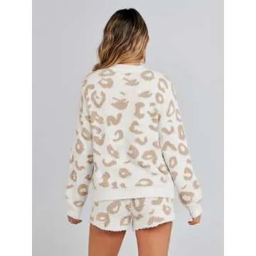 MEROKEETY Women's 2024 Winter Fuzzy Fleece Leopard Long Sleeve Pajama Set 2 Piece Sweater Top and Shorts Loungewear,Apricot,L