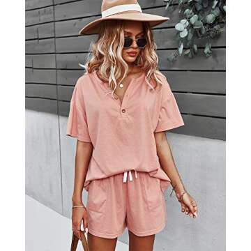 CORSKI Women's Short Sleeve Sweatsuit Sets Lounge 2 Piece V Neck Tracksuit Casual Loose Fit Outfits Pink L