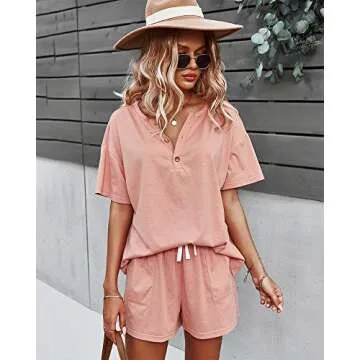 CORSKI Women's Short Sleeve Sweatsuit Sets Lounge 2 Piece V Neck Tracksuit Casual Loose Fit Outfits Pink L