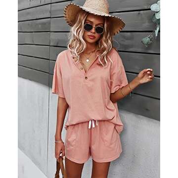 CORSKI Women's Short Sleeve Sweatsuit Sets Lounge 2 Piece V Neck Tracksuit Casual Loose Fit Outfits Pink L