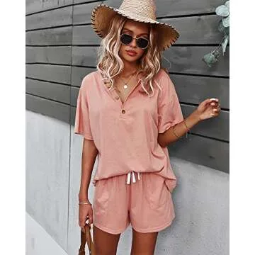CORSKI Women's Short Sleeve Sweatsuit Sets Lounge 2 Piece V Neck Tracksuit Casual Loose Fit Outfits Pink L