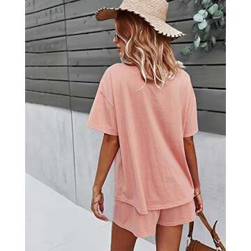 CORSKI Women's Short Sleeve Sweatsuit Sets Lounge 2 Piece V Neck Tracksuit Casual Loose Fit Outfits Pink L