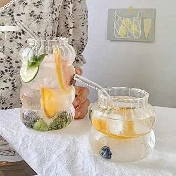 MANMAOHE Ribbed Glass Cups Set - Vintage Drinking Glasses