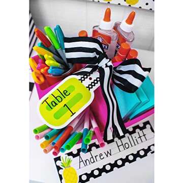 Schoolgirl Style Simply Stylish Tropical 36pc Polka Dot Nameplate Set, Student Desk Name Plates for Classroom, Black and White Name Plates for Desk, Locker, Classroom Labels, Black and White Classroom