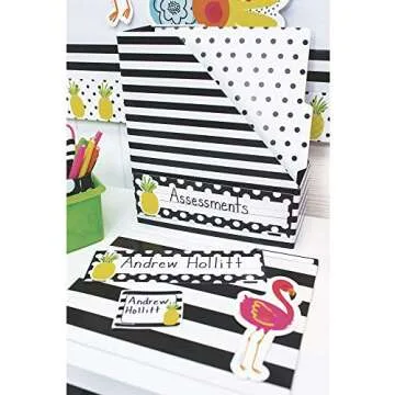 Schoolgirl Style Simply Stylish Tropical 36pc Polka Dot Nameplate Set, Student Desk Name Plates for Classroom, Black and White Name Plates for Desk, Locker, Classroom Labels, Black and White Classroom