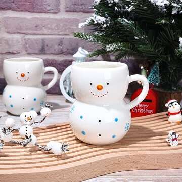 Whaline 2Pcs Christmas Mugs 3D Snowman Ceramic Cups Winter Holiday Novelty Coffee Mugs Xmas Funny Gift for Family Members Friends Dinner Table Decoration