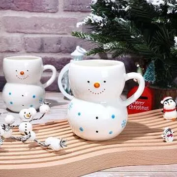 Whaline 2Pcs Christmas Mugs 3D Snowman Ceramic Cups Winter Holiday Novelty Coffee Mugs Xmas Funny Gift for Family Members Friends Dinner Table Decoration