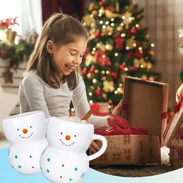 Whaline 2Pcs Christmas Mugs 3D Snowman Ceramic Cups Winter Holiday Novelty Coffee Mugs Xmas Funny Gift for Family Members Friends Dinner Table Decoration