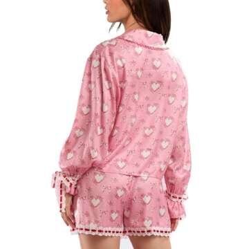 Argeousgor Women Valentine's Day Silk Pajamas Set Bow Pjs Long Sleeve Button Down Shirt Shorts Heart...