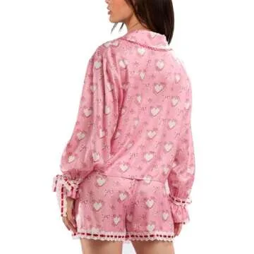 Argeousgor Women Valentine's Day Silk Pajamas Set Bow Pjs Long Sleeve Button Down Shirt Shorts Heart...