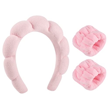 Sponge Spa Headband for Women, Makeup Headband and Wrist Washband Set Pink Skincare Headband for Fac...