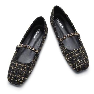 Chicmyth Mary Jane Flats;Square Toe Metal Chain Flats;Tweed Fabric Delicate and Elegant Women Shoes ...