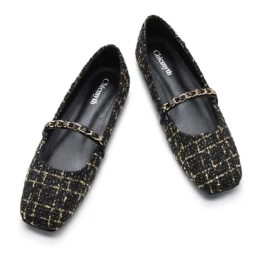 Chicmyth Mary Jane Flats;Square Toe Metal Chain Flats;Tweed Fabric Delicate and Elegant Women Shoes ...
