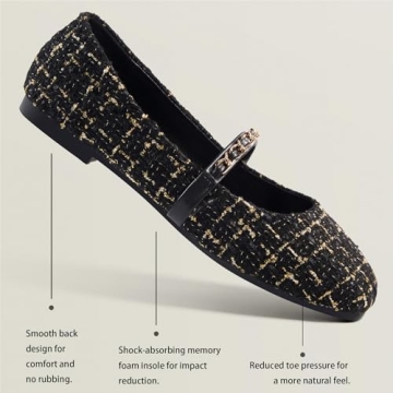 Chicmyth Mary Jane Flats;Square Toe Metal Chain Flats;Tweed Fabric Delicate and Elegant Women Shoes (US 9,Black)