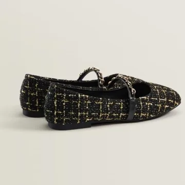 Chicmyth Mary Jane Flats;Square Toe Metal Chain Flats;Tweed Fabric Delicate and Elegant Women Shoes (US 9,Black)