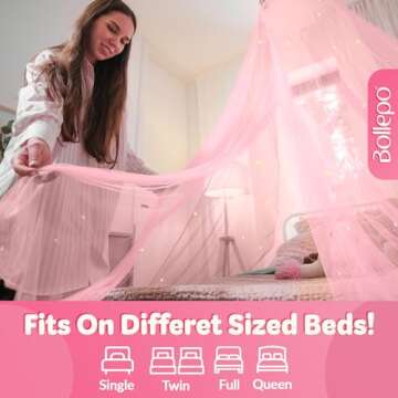 Bollepo Pink Bed Canopy for Girls with Glowing Stars - Canopy Bed Curtains | Fits Single, Twin, Full, Queen Size Kids Bed, Princess Netting Room Decor, Ceiling Tent to Cover Toddler, Canopy for Bed