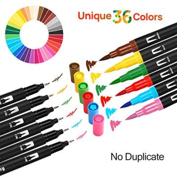 Eglyenlky Colored Markers for Adults - 36 Felt Tip Marker Set with Brush and Fine Tip for Coloring Books, Relaxation, Teens, Kids