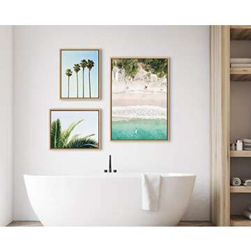 Kate and Laurel Sylvie Tropical Beach Framed Canvas Wall Art Collection by Tai Prints and Amy Peterson, 3 Piece Natural, Coastal Art for Wall