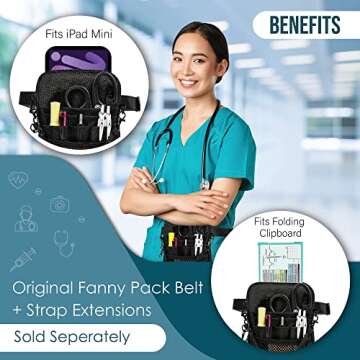 First Lifesaver 4-in-1 Nurse Fanny Pack with Multi-Compartment and Tape Holder For Nurses, Nursing Students (Black 2 Zippers)