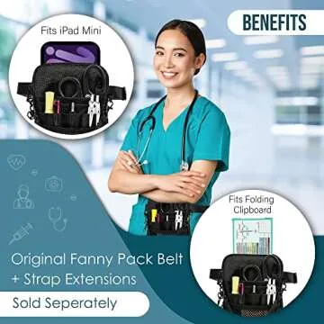 First Lifesaver 4-in-1 Nurse Fanny Pack with Multi-Compartment and Tape Holder For Nurses, Nursing Students (Black 2 Zippers)