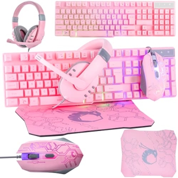 Pink Gaming Keyboard and Mouse Headset Headphones and Mouse pad, Wired LED RGB Backlight Bundle Pink...