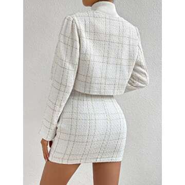 Verdusa Women's 2 Piece Outfie Long Sleeve Plaid Print Crop Tweed Jacket and Button Front Skirt Set White M