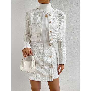 Verdusa Women's 2 Piece Outfie Long Sleeve Plaid Print Crop Tweed Jacket and Button Front Skirt Set White M