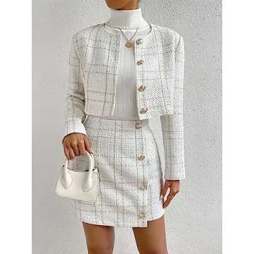 Verdusa Women's 2 Piece Outfie Long Sleeve Plaid Print Crop Tweed Jacket and Button Front Skirt Set White M
