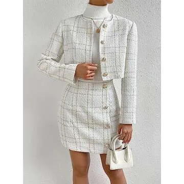 Verdusa Women's 2 Piece Outfie Long Sleeve Plaid Print Crop Tweed Jacket and Button Front Skirt Set White M