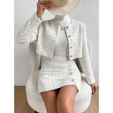Verdusa Women's 2 Piece Outfie Long Sleeve Plaid Print Crop Tweed Jacket and Button Front Skirt Set White M