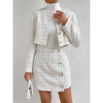 Verdusa Women's 2 Piece Outfie Long Sleeve Plaid Print Crop Tweed Jacket and Button Front Skirt Set White M