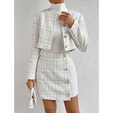 Verdusa Women's 2 Piece Outfie Long Sleeve Plaid Print Crop Tweed Jacket and Button Front Skirt Set White M