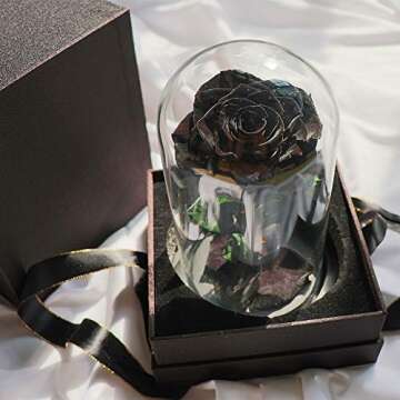 Preserved Roses Black Roses in Glass Dome, Medium, Real Rose That Last 2 to 3 Years, Black Roses Gifts for Her (7.5 inch)