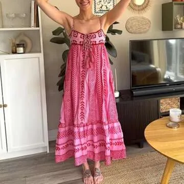 ABYOVRT Women Boho Maxi Dress Crochet Patchwork Sleeveless Long Flowy Swing Dress Pink Beach Sundresses (Pink,S)