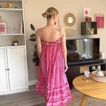 ABYOVRT Women Boho Maxi Dress Crochet Patchwork Sleeveless Long Flowy Swing Dress Pink Beach Sundresses (Pink,S)