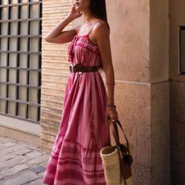 ABYOVRT Women Boho Maxi Dress Crochet Patchwork Sleeveless Long Flowy Swing Dress Pink Beach Sundresses (Pink,S)