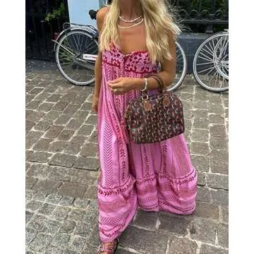 ABYOVRT Women Boho Maxi Dress Crochet Patchwork Sleeveless Long Flowy Swing Dress Pink Beach Sundresses (Pink,S)