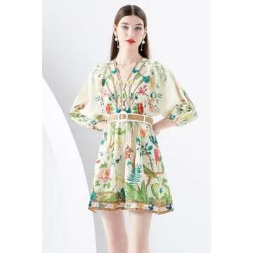 LAI MENG FIVE CATS Women's V-Neck Floral Print Lantern Sleeve Button up Belt Dress Casual Mini Dress