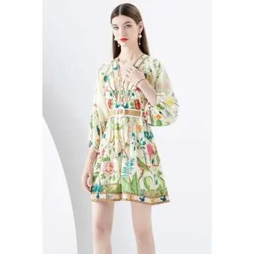 LAI MENG FIVE CATS Women's V-Neck Floral Print Lantern Sleeve Button up Belt Dress Casual Mini Dress