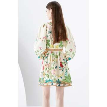 LAI MENG FIVE CATS Women's V-Neck Floral Print Lantern Sleeve Button up Belt Dress Casual Mini Dress