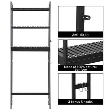 HITOMEN Over The Toilet Storage Cabinet, Bamboo Adjustable 3-Tier Above Toilet Shelf, Stable Freestanding Above Toilet Organizer with 3 Hooks for Bathroom Restroom Laundry Balcony, Black 67" H